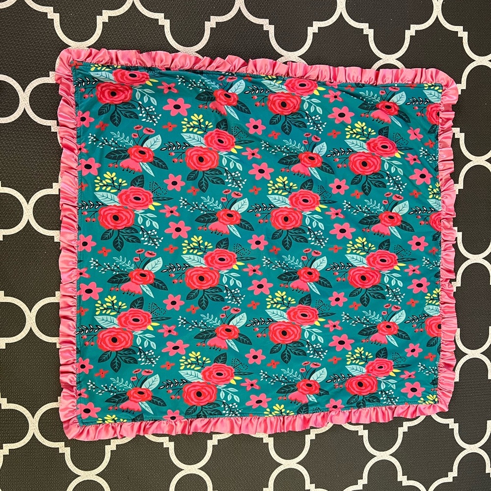 Teal Floral Satin Lovey with Pink Ruffle